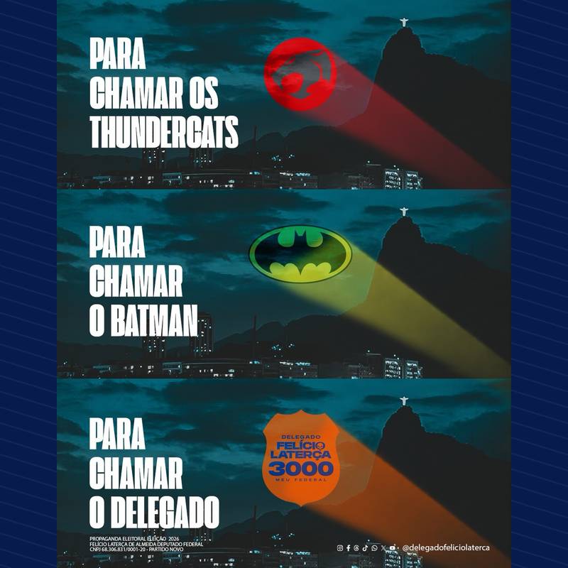 Publicação no Instagram: Esquece a Espada Justiceira e o Bat Sinal. Para chamar o Delegado, é só apertar 3000 na urna! 😂🚨