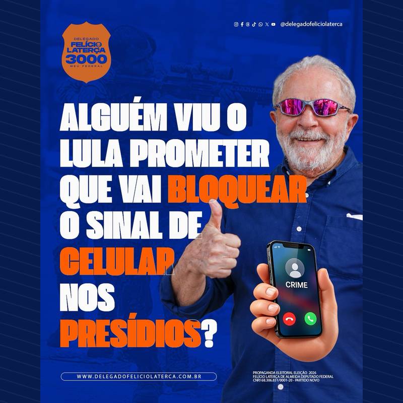 Publicação no Instagram: 📲 Siga @delegadofeliciolaterca | Lula defende a saidinha de presos e o bloqueio de redes sociais, mas, para o…