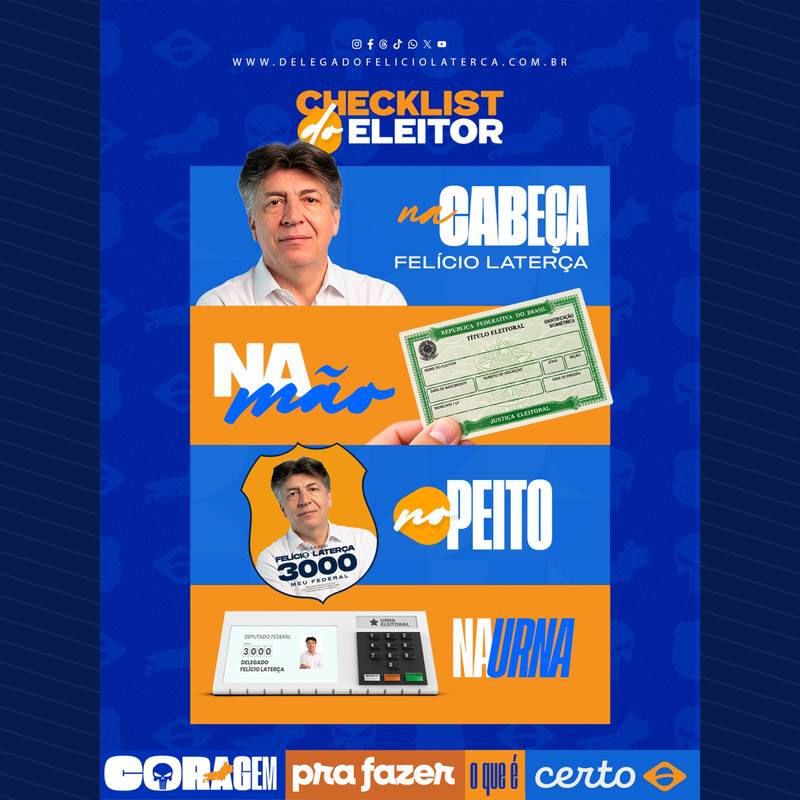 Publicação no Instagram: Felício na cabeça, título na mão, 3000 no peito e na urna! Amanhã, vote Delegado Felício Laterça para…